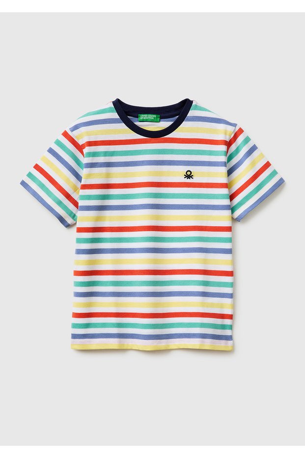 Boys' open-mix yarn-dyed logo embroidered striped crew neck t-shirt