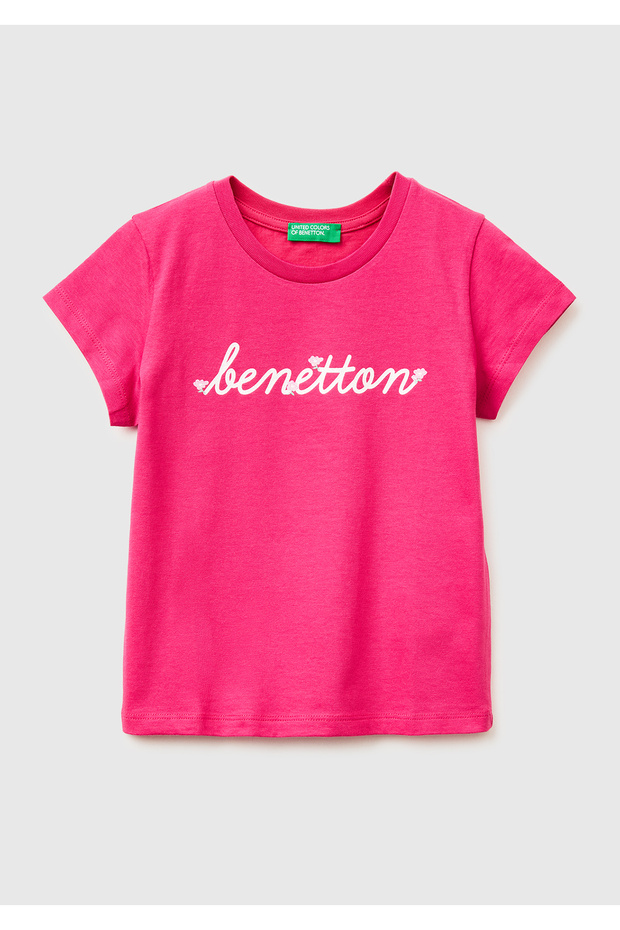 Girl's Dark Pink Glitter Graphic Printed Short Sleeve Ribbed Collar T-Shirt