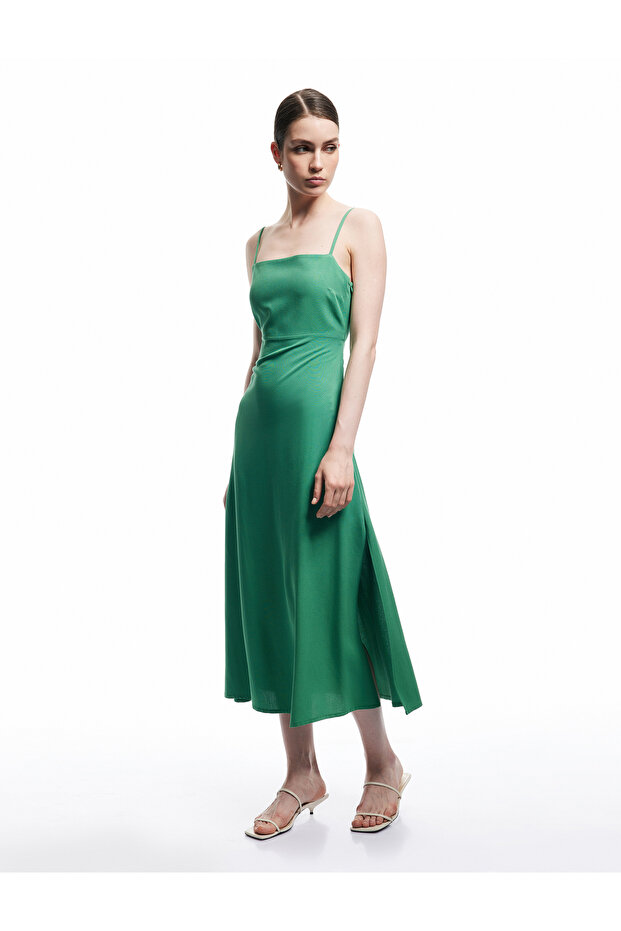Viscose Linen Blended Fabric Sleeveless Back Low-Cut Midi Length Slim Strap Dress