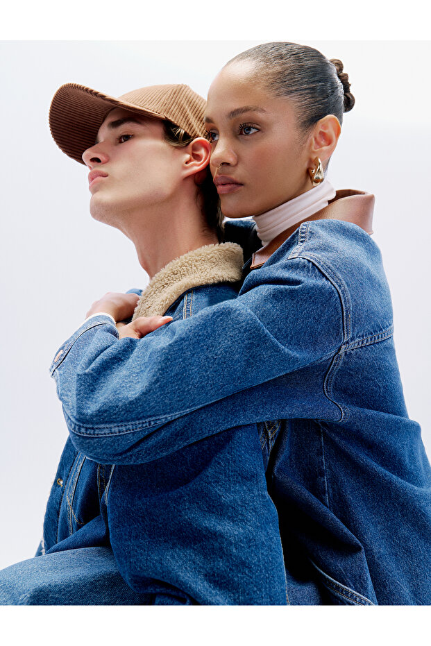 Oversized Long Denim Jacket Faux Leather Collar