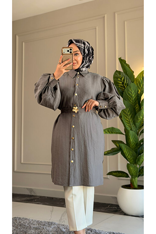 6423 - Comfortable Zippered Buttoned Viva Balloon Sleeve Long Tunic with Waist Belt Detail