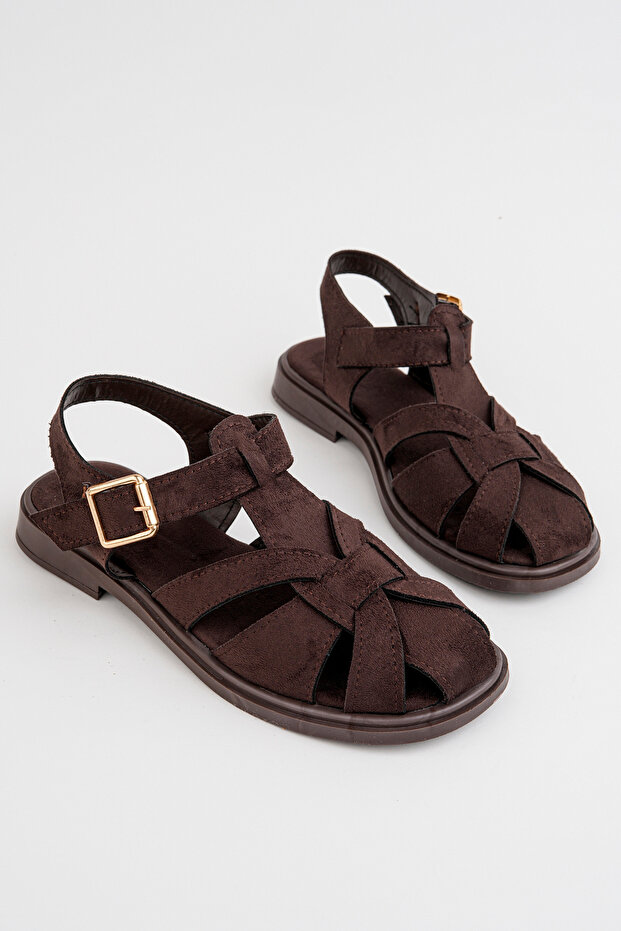 Women's Brown Suede Cage Comfortable Sole Daily Sandals