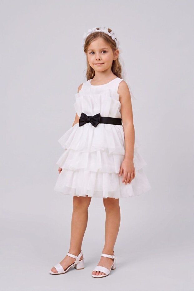 Ecru Front Bow Layered Girl's Dress - Laney
