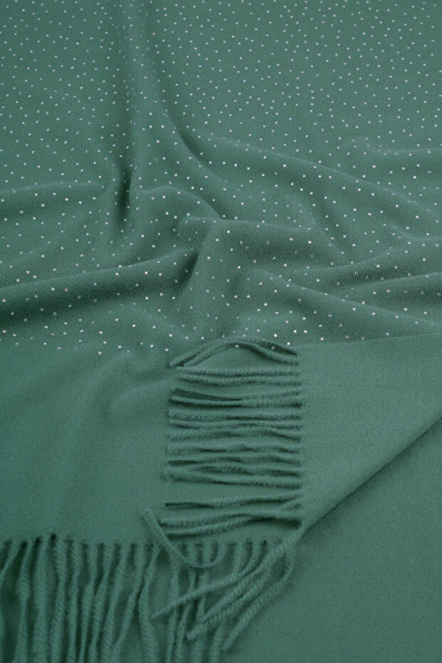 Green Solid Color Stoned Winter Shawl - 3