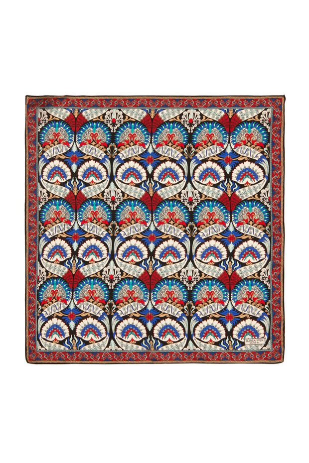 Black Ecru Peacock Pattern Silk Handkerchief