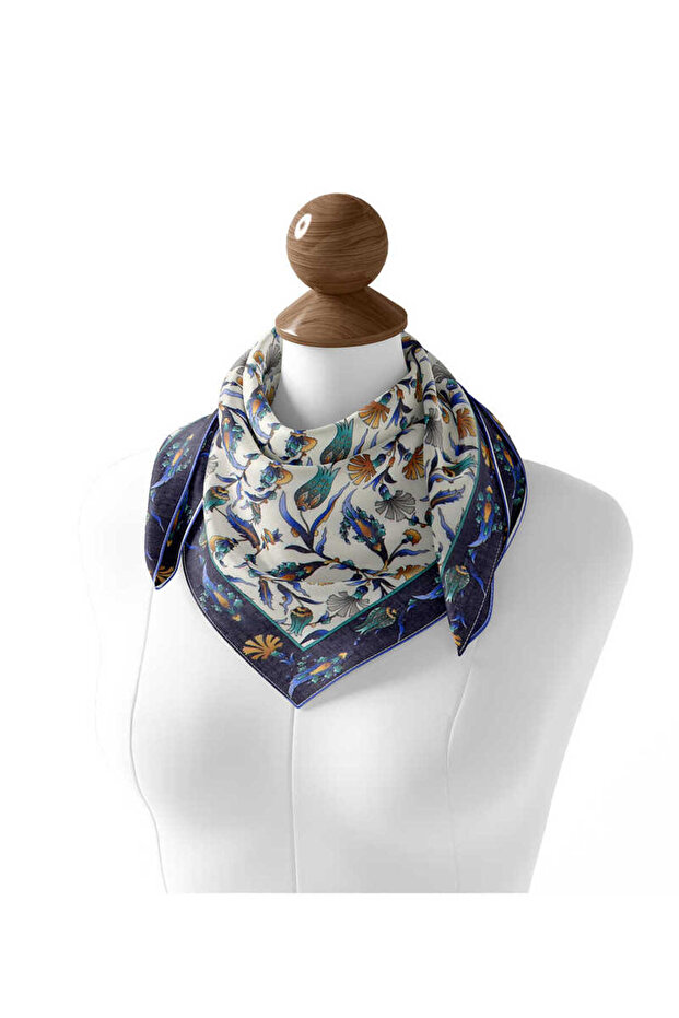 Navy Blue Tulip Patterned Soft Scarf - 2