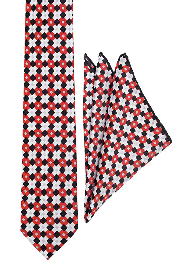 Red Patterned Silk Tie Set - 2