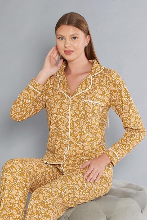 Boydan Buttoned Shawl Patterned Long Sleeved Pajama Set 09-254