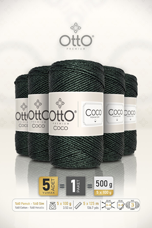Coco • Dark Green • 5-Pack × 100 Gr / 125 m • 2 mm • Glitter, Cotton Thread • Bag, Accessories
