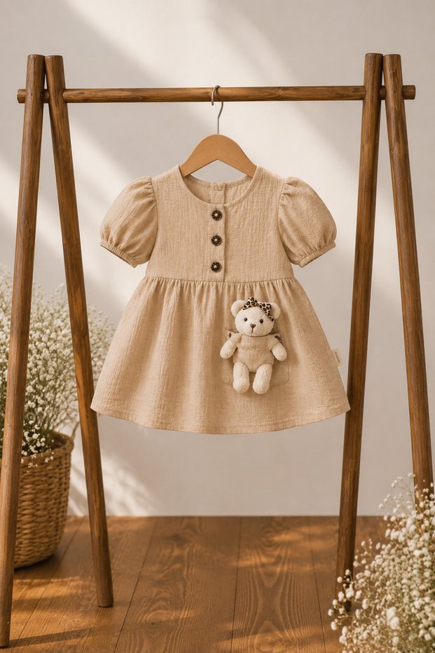 Beige Baby Dress with Leopard Bear Toy