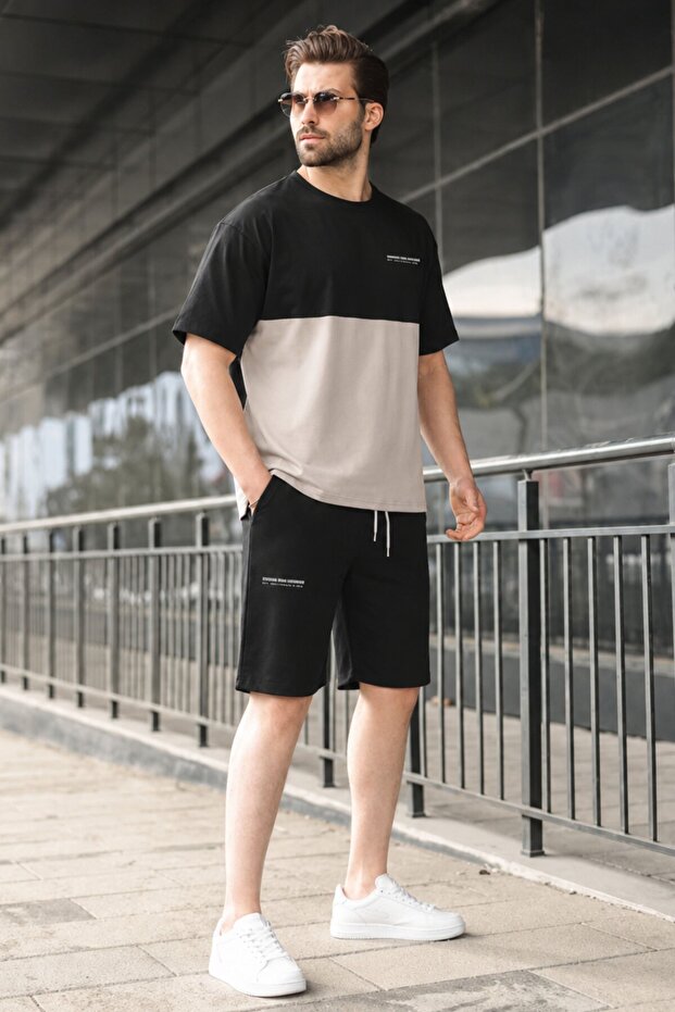 Black Printed Color-Blocking Cotton Adjustable Waist Shorts Suit 5952