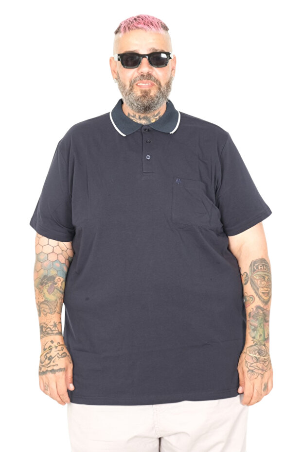 Mode XL Large Size T-Shirt Polo Lycra Single Jersey with Pockets 21558 Navy Blue