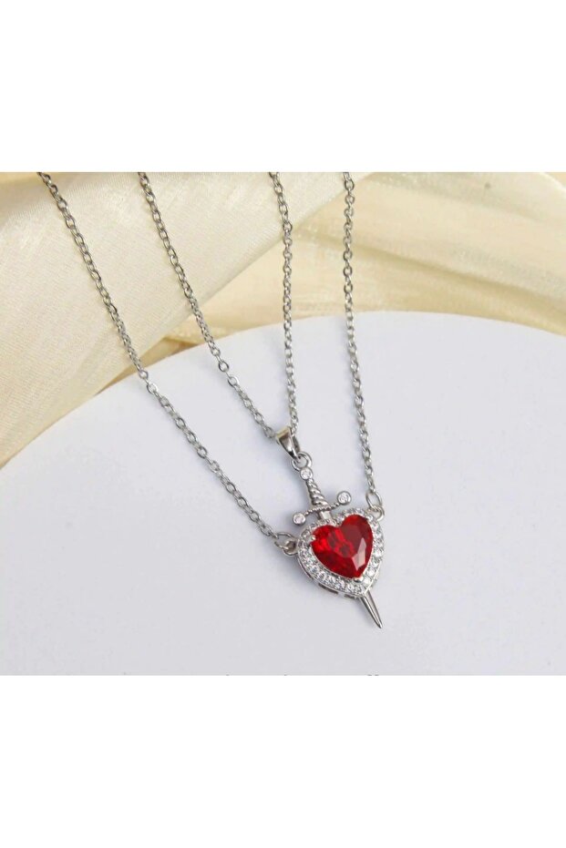 Red Heart and Sword Detail Double Necklace (45 cm)
