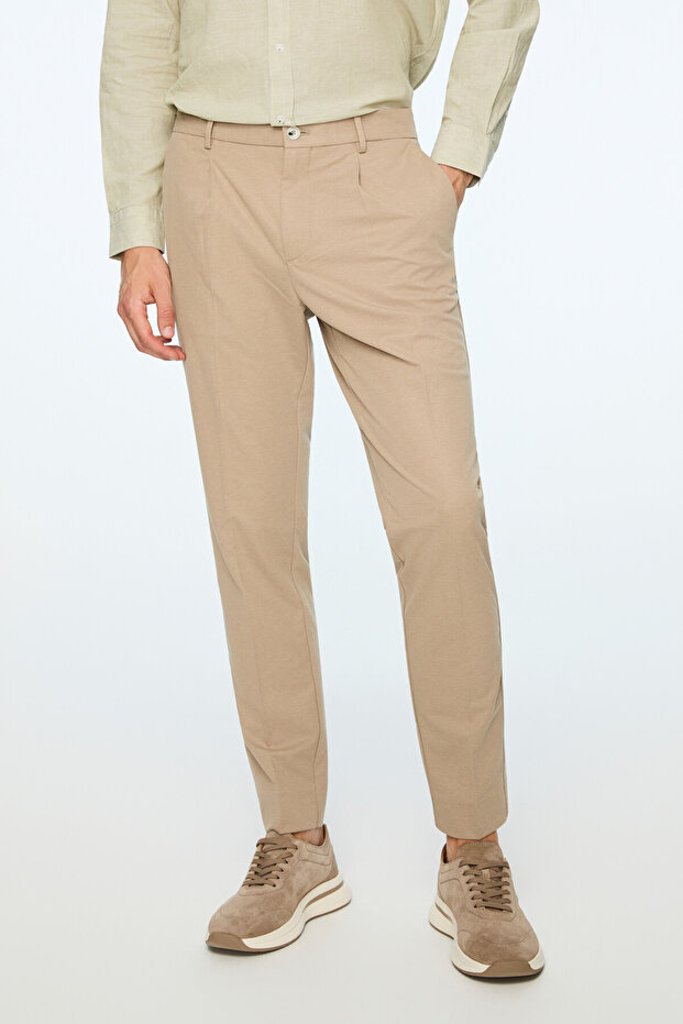 Men's Beige Polyviscon Trend Straight Slim Fit Trousers