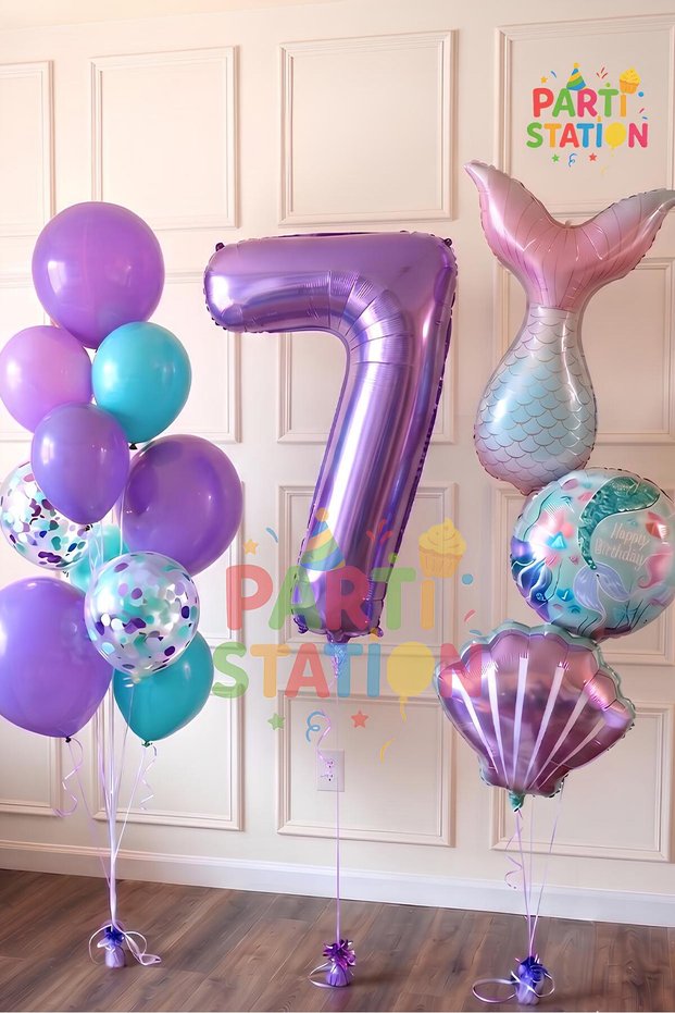 Purple Number Balloon 7 Years Mermaid Themed Birthday Party Celebration Set Concept 1