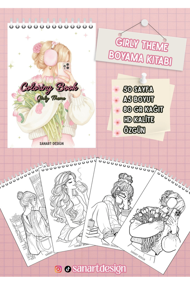 Girly Coloring Book 50 Pages for Kids and Adults