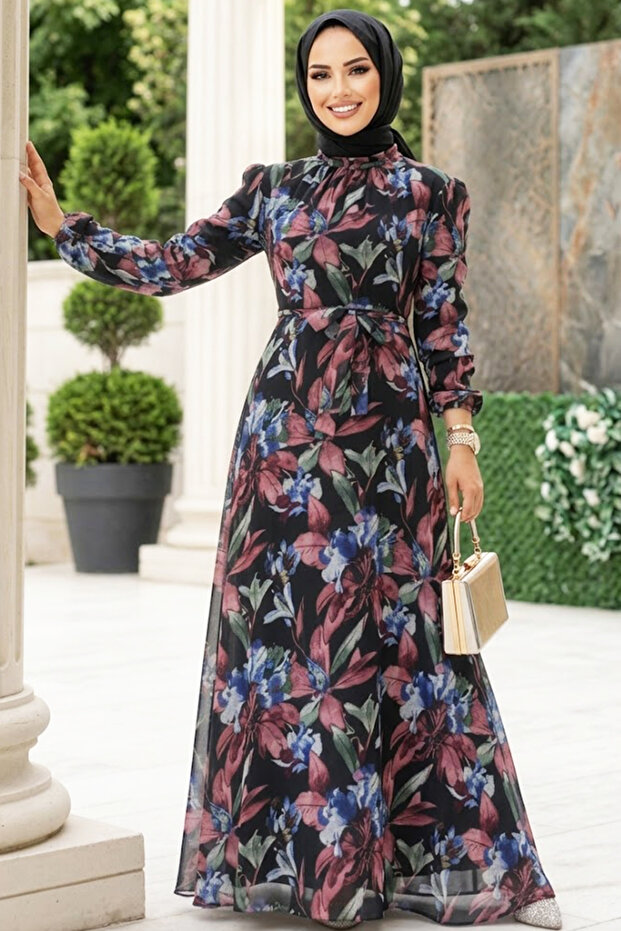 Floral Patterned Dusty Rose Hijab Dress 27941Gk