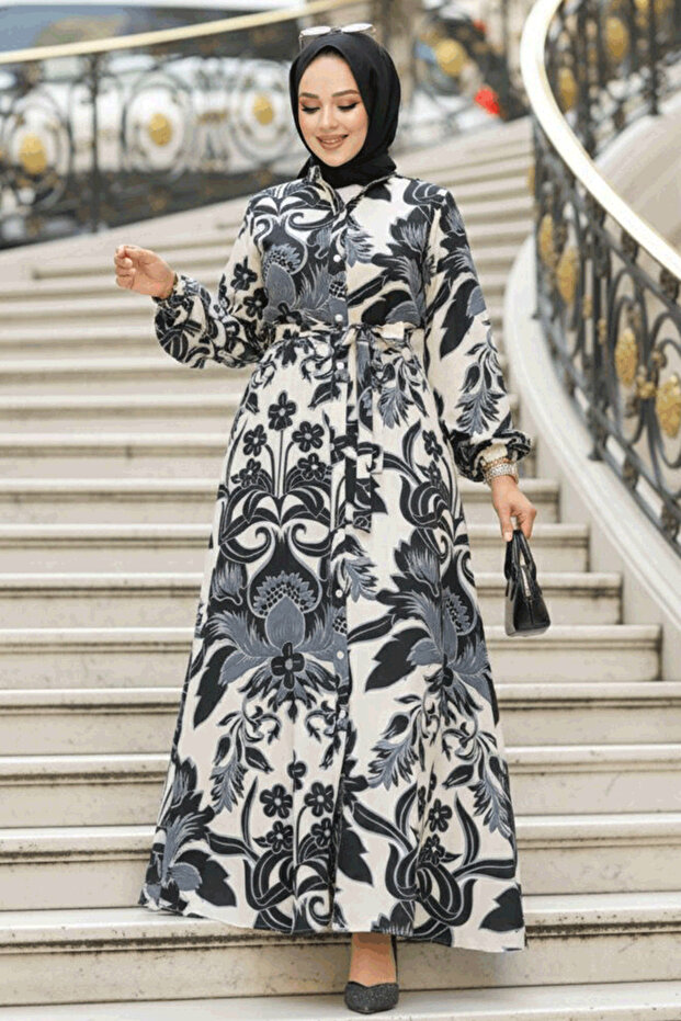 Patterned Black Modest Dress 90061S