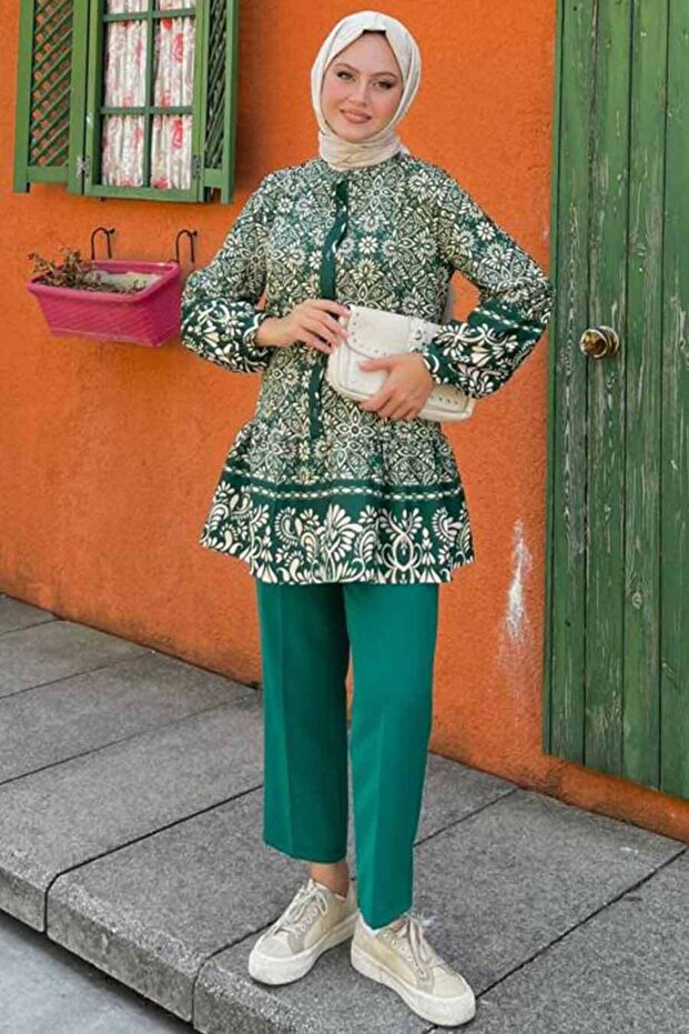 Patterned Green Hijab Double Set 9281Y