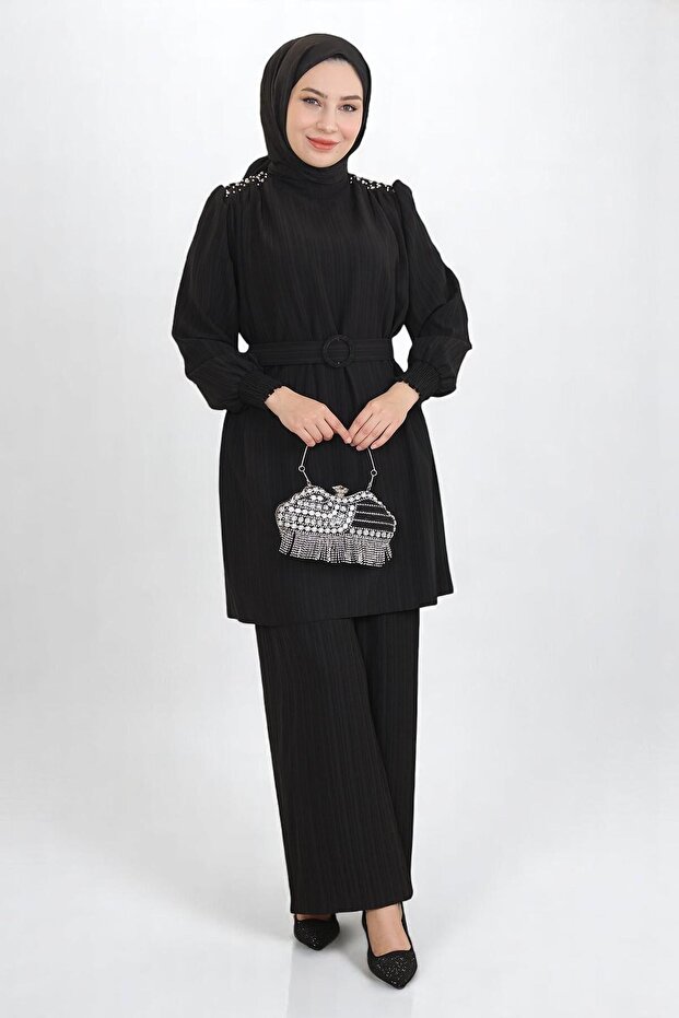 Stone Detailed Belted Suit Black 19104