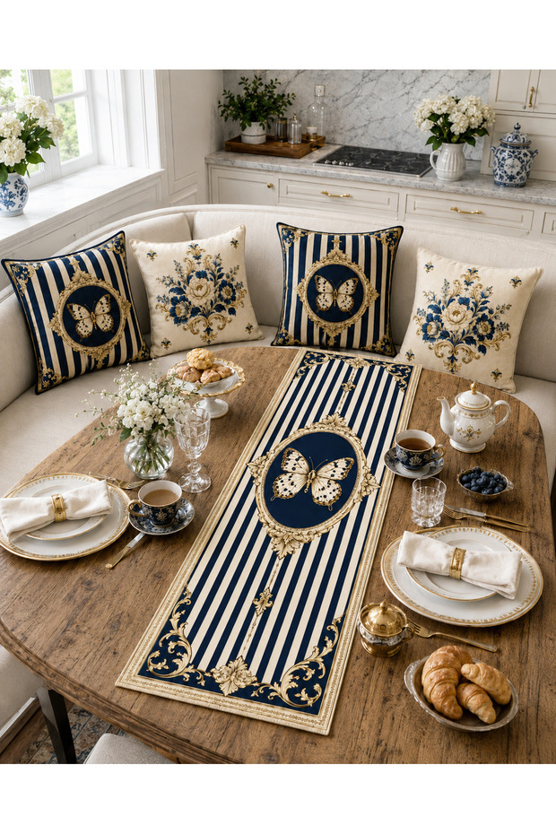 Navy Blue Gold Floral Runner and Set of 4 Throw Pillow Covers Luxury Decorative Pillow