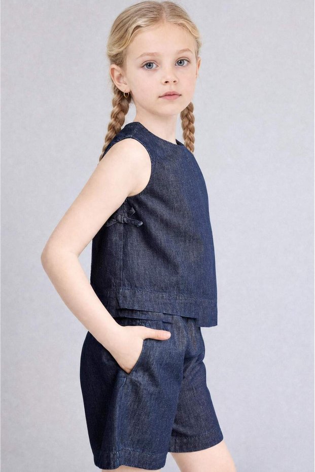 100% Cotton Crew Neck Jean Sleeveless Blouse Girls H7175A826Sm