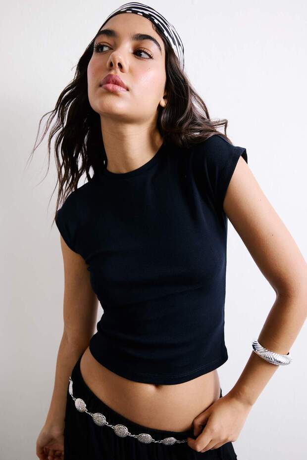 Fitted Crew Neck Ribbed Short Sleeve Navy Blue T-Shirt H1129Ax26Sp