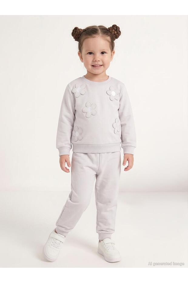 Flower Embroidered Tracksuit Set for Ages 2-5 - Gray 4-5 Years