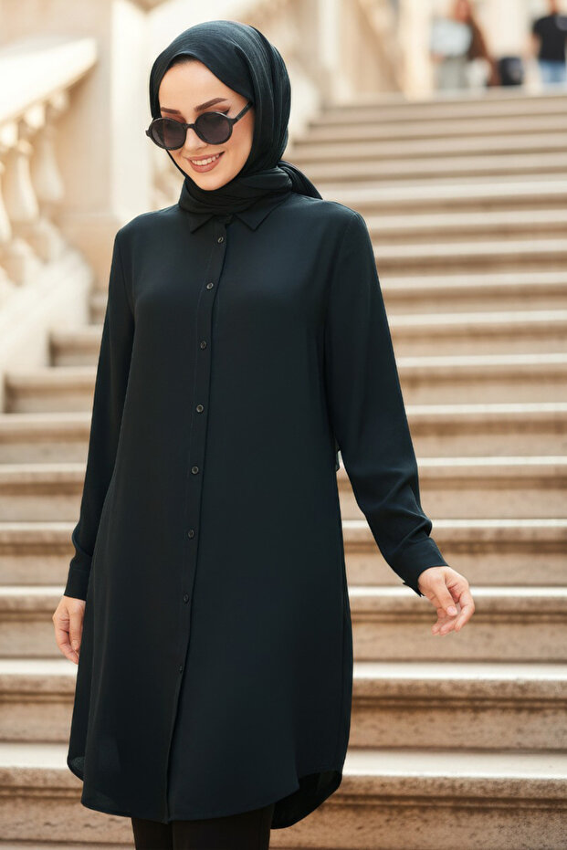 Buttoned Dark Navy Blue Hijab Tunic 11750Kl