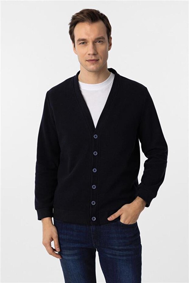 Navy Blue Regular V-Neck Cardigan - 1