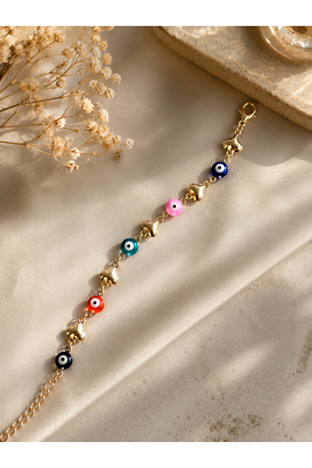 Colorful Evil Eye Beaded Heart Bracelet | Nazarlı Gold Bracelet
