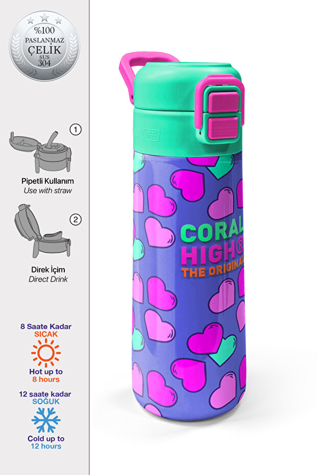 Kids Lavender Pink Heart Patterned Straw and Direct Drinking Steel Thermos 500 ml 31910