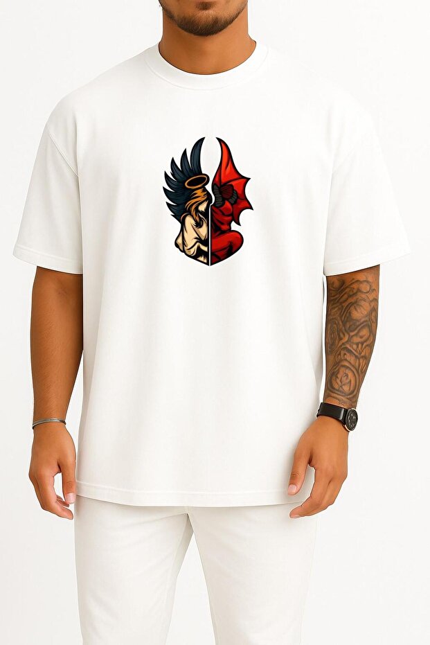 Oversized Angel and Demon Chest Printed Unisex T-Shirt