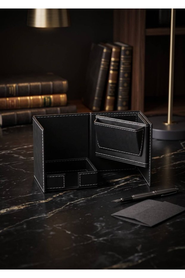 Foldable Cube Leather Organizer - Desk Mat Set with Compartments, Notepad Holder and Pen Holder