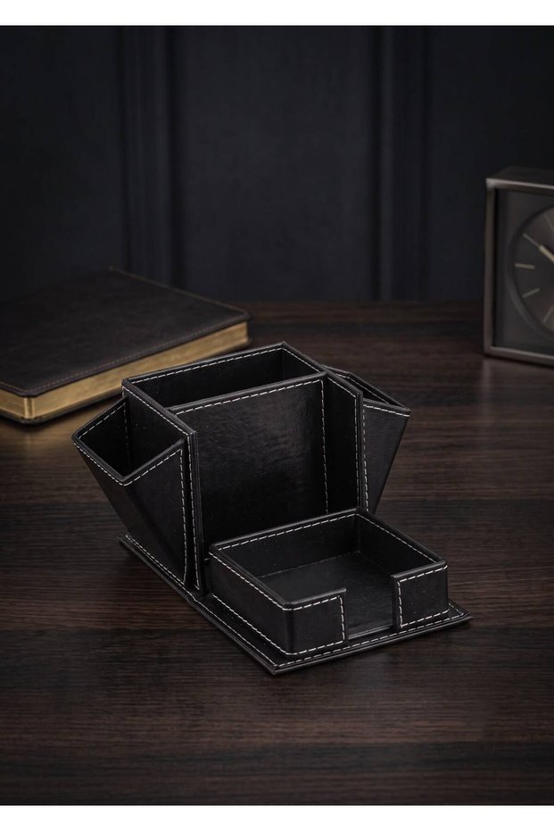 Black Leather Desktop Organizer - Desk Mat Set with Multi-Compartment Pen Holder and Cube Note Holder
