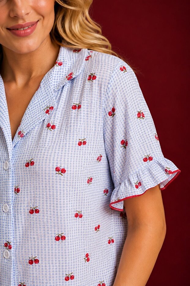Blue Soft Cherry Patterned Short Sleeve Summer Pajama Set - 4