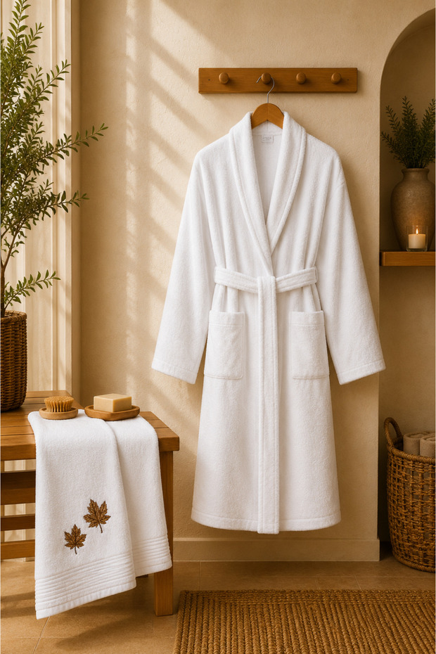 Newneva Cotton Embroidered Shawl Collar Bathrobe Hair Towel Set
