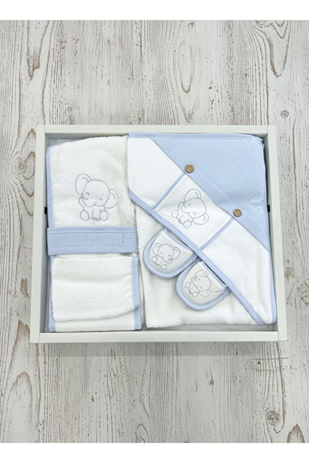 Cute Elephant Embroidered Baby Bathrobe Set – 100% Cotton – 4-Piece