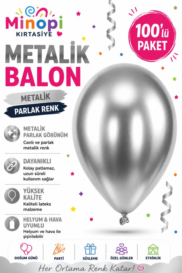 Silver Balloon Patternless Colorful Balloon Metallic Balloon Normal Size Pack of 100