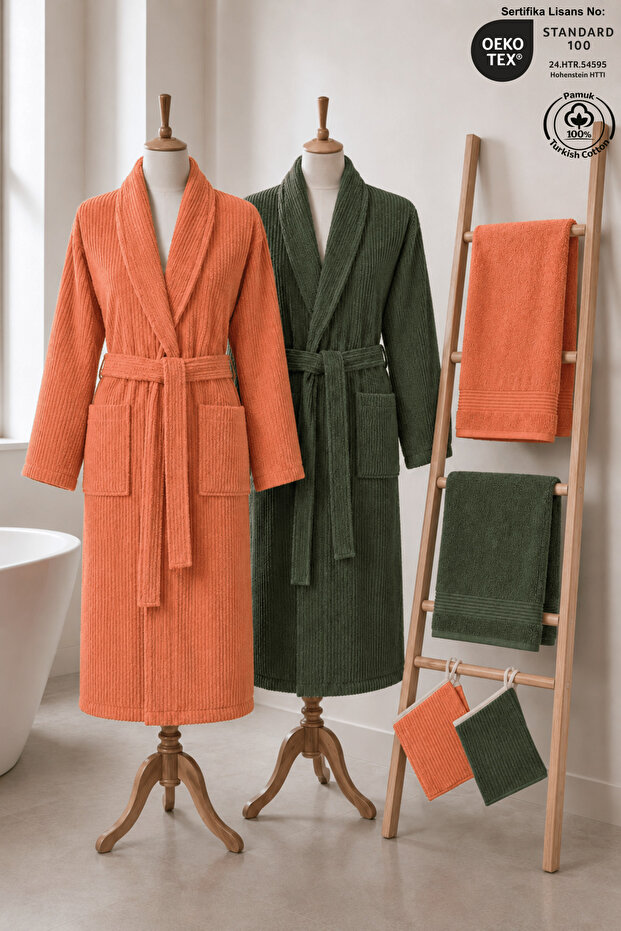Eldy Striped Bathrobe Set Family Set, 6 Pieces, 100% Cotton Certified Şalyaka Bathrobe Dowry Set