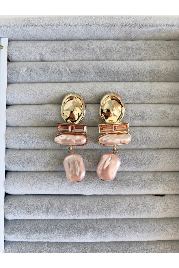 Pink Baroque Pearl Detailed Dangle Women's Earrings 7 cm Gold Color Stone Stylish Design Earrings
