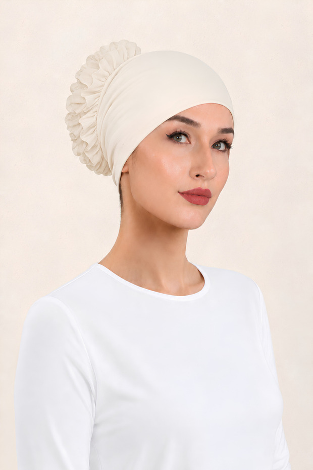 Light Ecru ◇ Cotton Ruffle Bonnet ◇ Silicone Non-Slip Seamless Bun Cap ◇ Daily Practical and Stylish Hijab
