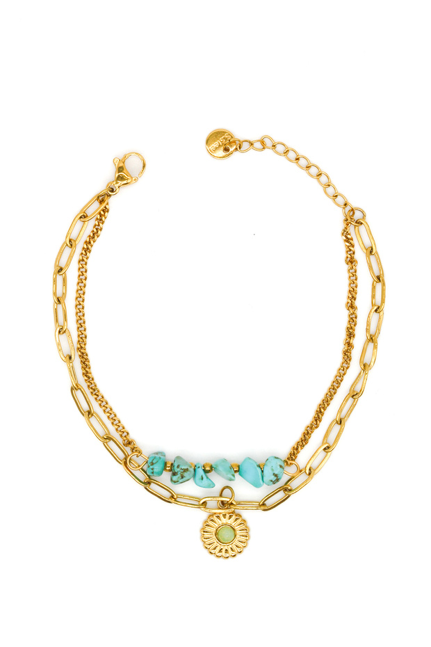 Steel Flower Figured Double Combination Chain Bracelet with Turquoise Stones