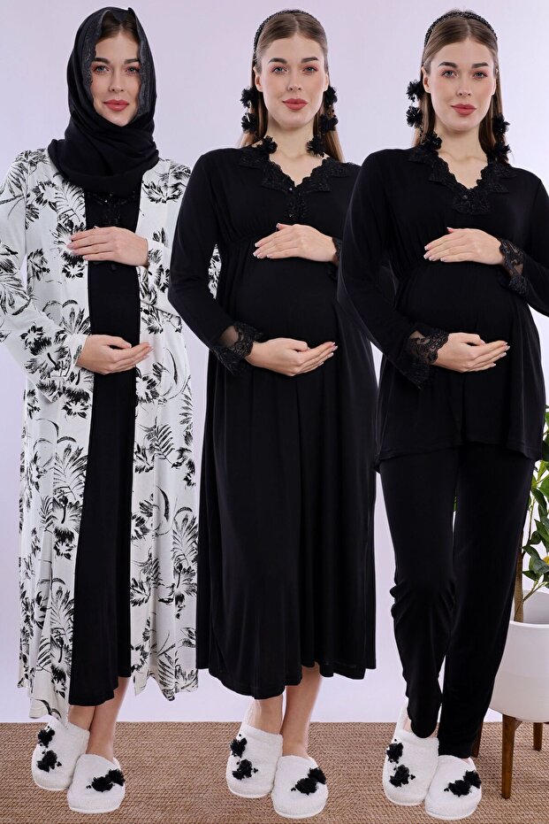 Patterned Cotton Maternity and Postpartum Set with Breastfeeding Features, 5 Pieces Effortt - Black