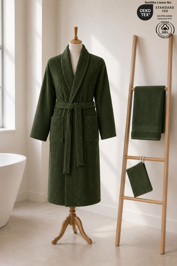 Eldy Striped Bathrobe Set, 3 Pieces, 100% Cotton Certified Şalyaka Bathrobe Set - Dark Green