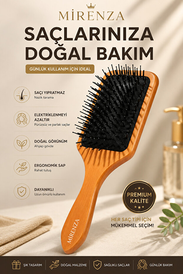 Wooden Handle Detangling Hair Brush Wide Surface Epoxy Gear Ergonomic Design