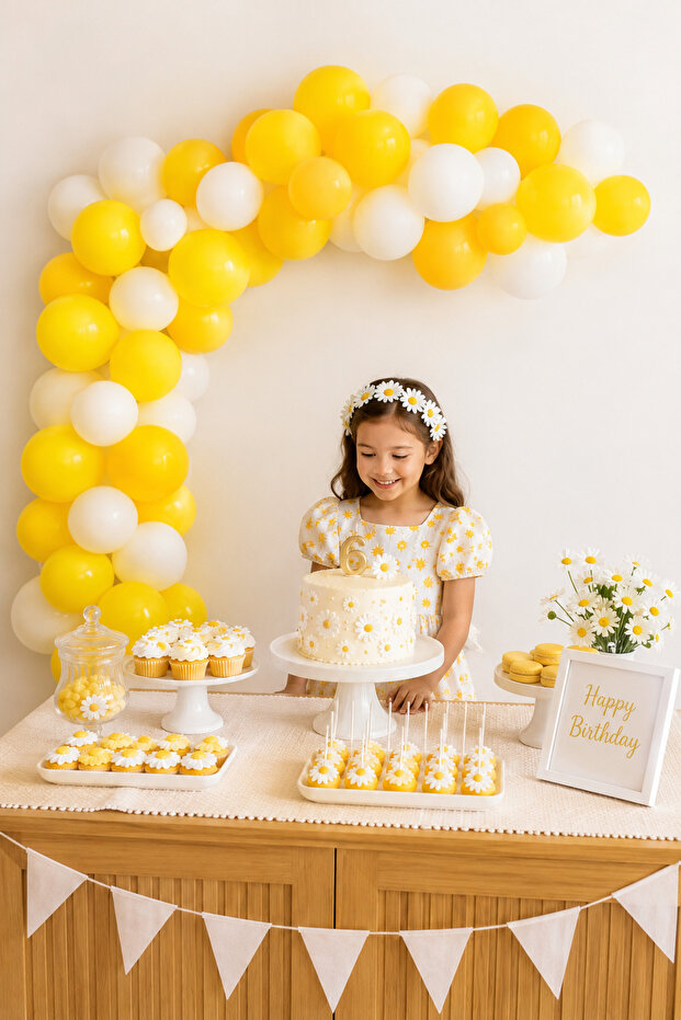 Papatya Metallic Yellow-White Birthday Chain Balloon Set
