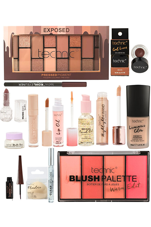 UK Exposed Gift 14 Pc All-in-One Makeup Kit(3 eye products in brown), Neutral Day to Night Looks