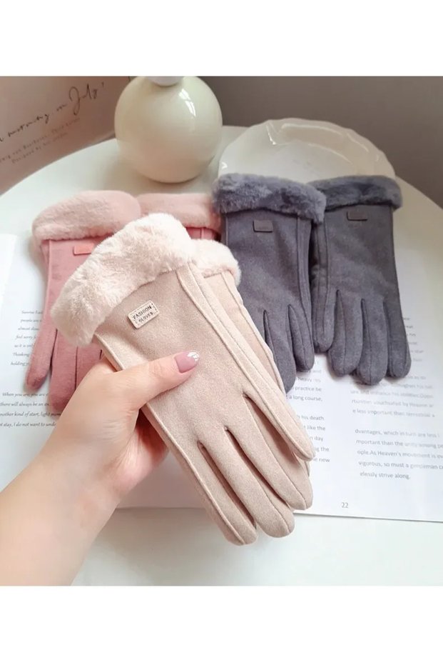 Beige Women Winter Thick Plush Gloves Fashion Warm Suede Outdoor Guantes Lady Touchscreen Driving Gl