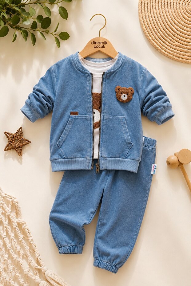 Baby Boy Teddy Bear Embroidered 3-Piece Set Denim Jeans Look Zippered Jacket + Badi + Sweatpants Mevs